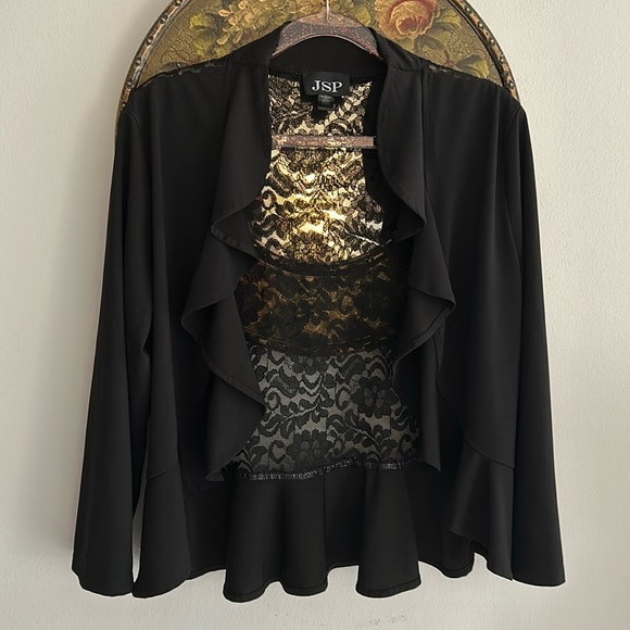 JSP polyester/lace/nylon short jacket. 22”long from shoulder to hem; 19”sleeve. - Picture 1 of 6